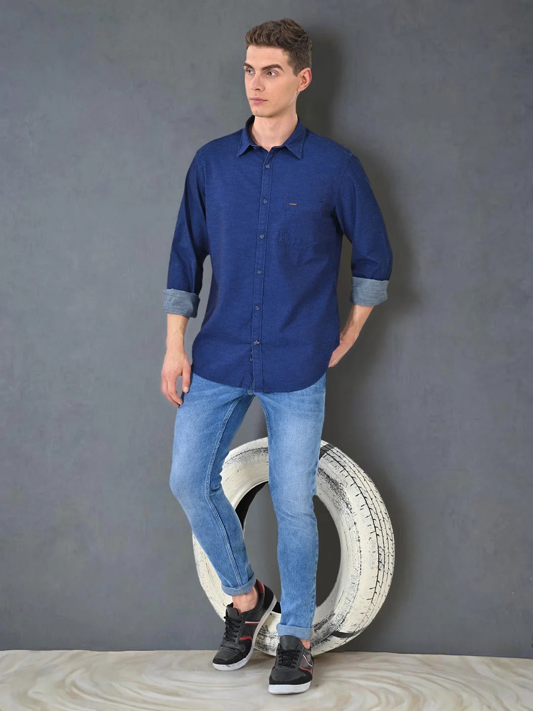 Indian Terrain Men's Regular Fit Full Sleeve Solid Dark Blue Shirt